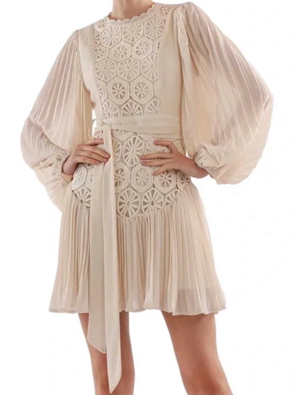 AROSE Cream Lace & Pleated Mini Dress
